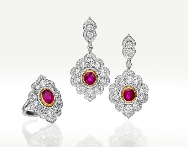 Ruby and diamond ring and earrings